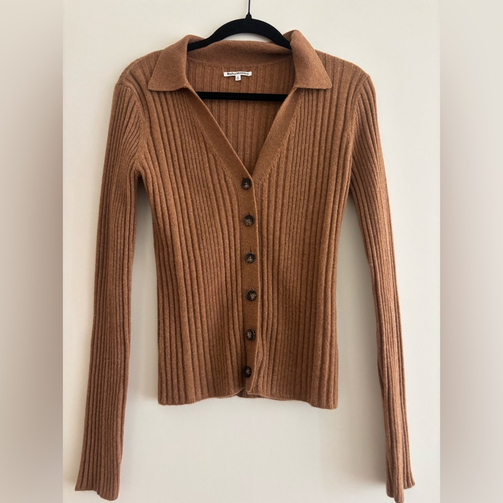 Reformation Ribbed Long Sleeve Sweater in Brown